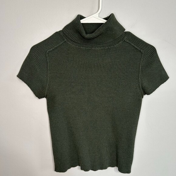 Urban Outfitters Olive Green Turtleneck Ribbed Short Sleeve Sweater Top Medium - Picture 1 of 5